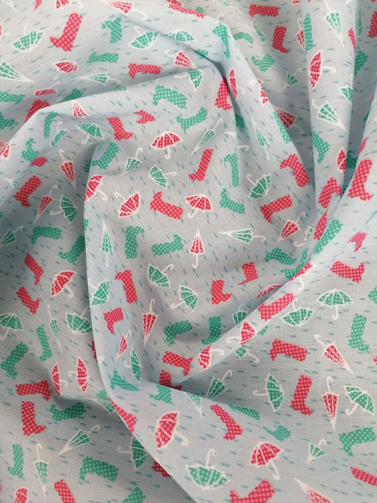 100% Cotton - Umbrella/Boots - Blue/Red/Green/White - 45" Wide - Sold By The Metre