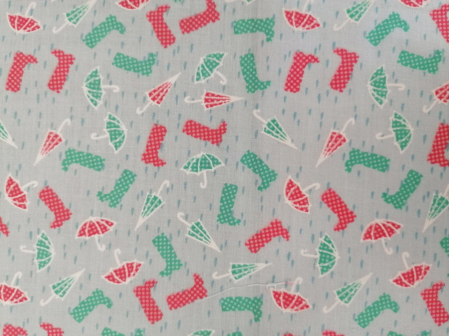 100% Cotton - Umbrella/Boots - Blue/Red/Green/White - 45" Wide - Sold By The Metre