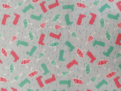 100% Cotton - Umbrella/Boots - Blue/Red/Green/White - 45" Wide - Sold By The Metre